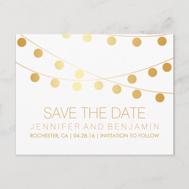 Goldene Leuchtenreihe Save the Date Ankündigungspostkarte (Vorderseite)