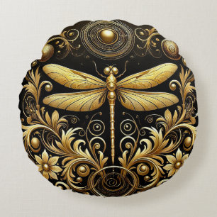 Goldene Libelle mit aufwendigem Blumendekor Rundes Kissen