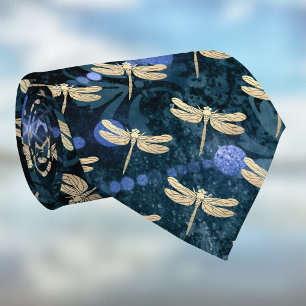 Goldene Libellen auf Vintage Teal Blau Damast Krawatte