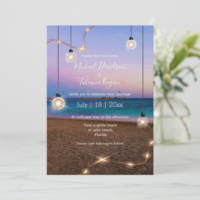 Goldene Lichter - Hochzeit am Strand Mitteilungskarte (Stehend Vorderseite)