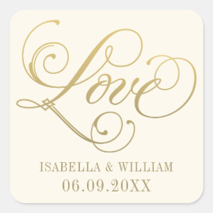 Goldene Liebesschrift Elfenbein-Monogramm-Hochzeit Quadratischer Aufkleber