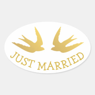Goldene Liebesvögel Frisch Vermählt Hochzeit Lieb Ovaler Aufkleber