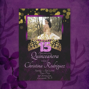 Goldene, Lila, rosa Quinceanera Einladung w/Tiara