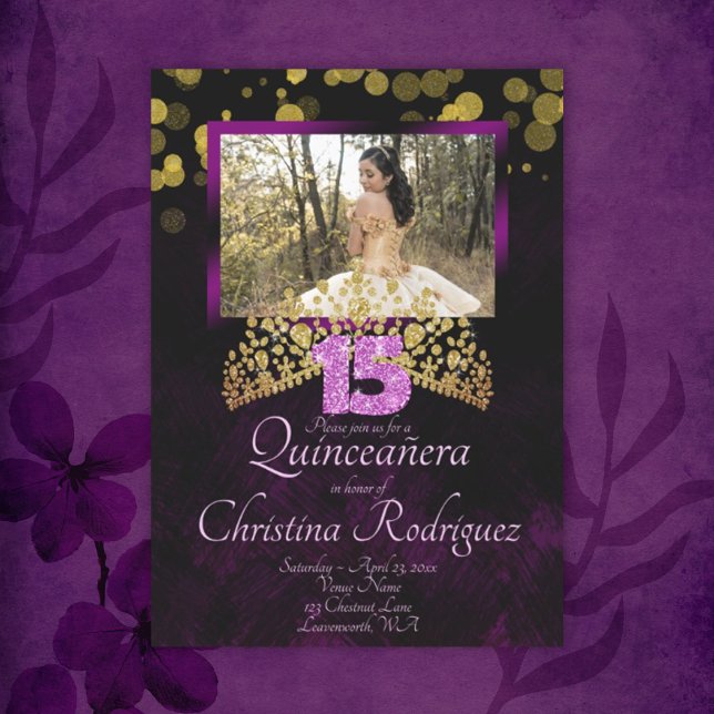 Goldene, Lila, rosa Quinceanera Einladung w/Tiara (gold and black quinceanera invitation with pink glitter 15 and gold tiara crown)