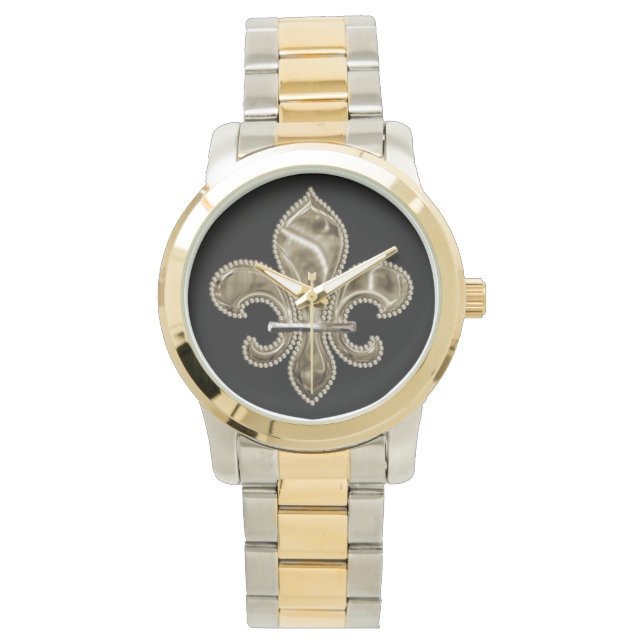 Goldene Lilie auf schwarz Armbanduhr (Vorderseite)