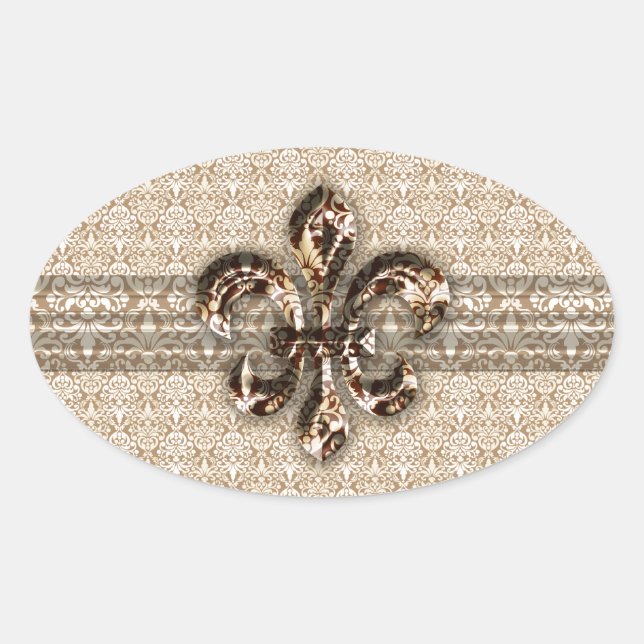Goldene Lilie mit Cream Damask Muster Ovaler Aufkleber (Vorderseite)