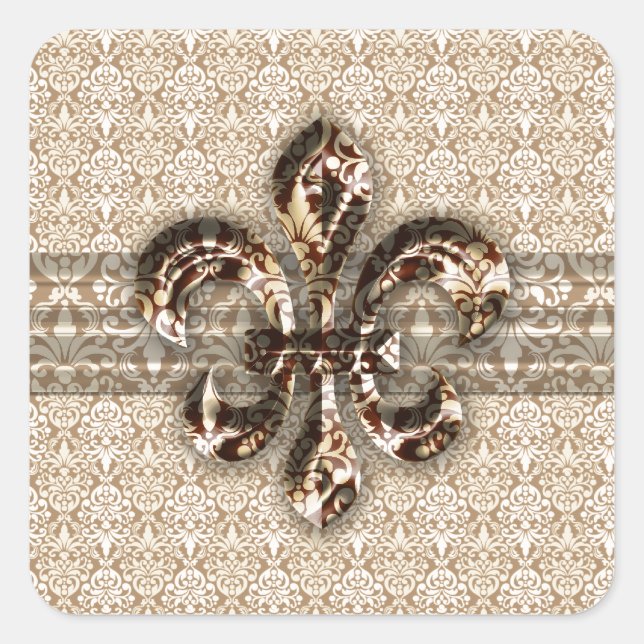 Goldene Lilie mit Cream Damask Muster Quadratischer Aufkleber (Vorderseite)