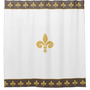 Goldene Lilienblüten auf Braun und Weiß Duschvorhang