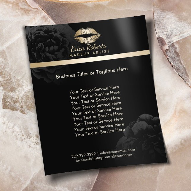 Goldene Lippen Schwarze Blumen Makeup Künstlerisch Flyer (Von Creator hochgeladen)