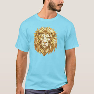 Goldene Löwenkopf-Illustration Himmelblaues T-Shir T-Shirt