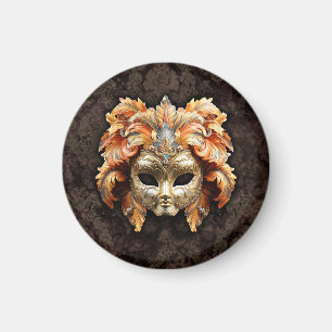 Goldene Löwenmaske mit orangen Federn Magnet
