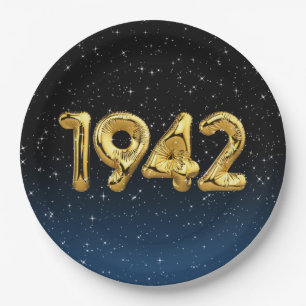 Goldene Luftballons zum Geburtsjahr 1942 mit Stern Pappteller