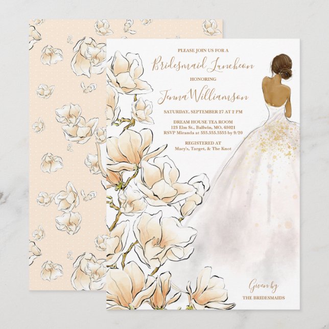  Goldene Magnolia Bridesmaid Einladung Luncheon (Vorne/Hinten)