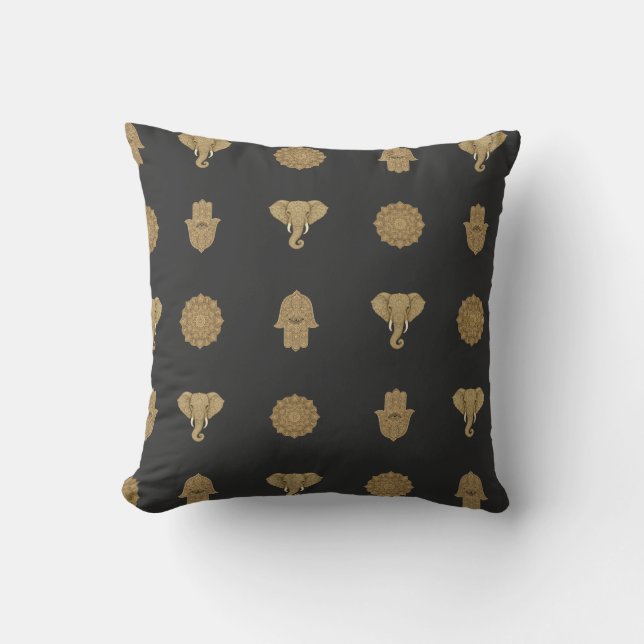 Goldene Mandala Elefant Hamsa Hand - Reversible Bo Kissen (Vorderseite)