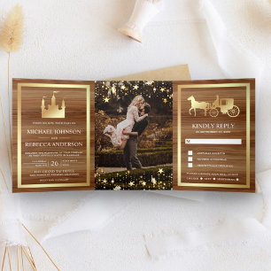 Goldene Märchenschloss Hochzeit der Prinzessin Dreifach Gefaltete Einladung