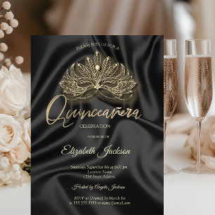 Goldene Maske Schwarze Satin Quinceanera Einladung