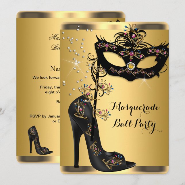 Goldene Maskerade Party Maske Jewel Einladung (Vorne/Hinten)