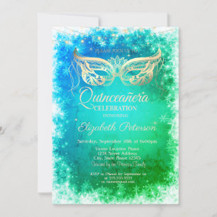 Goldene Masque-Schneeflocken Grüne Quinceanera Einladung