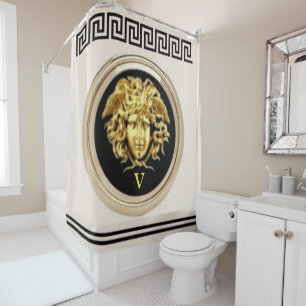 Goldene Medusa / Griechischer Schlüssel Beige und Duschvorhang