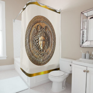 Goldene Medusa / Griechischer Schlüssel Beige und Duschvorhang