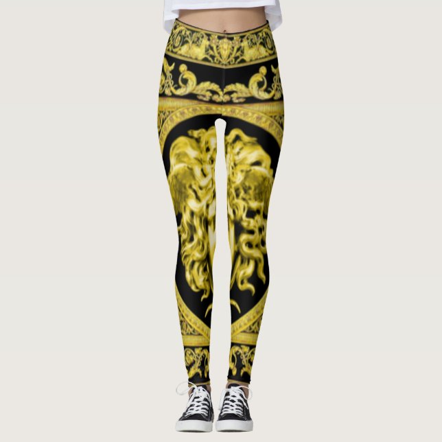 Goldene Medusa mit Arabesques über schwarze Leggin Leggings (Vorderseite)