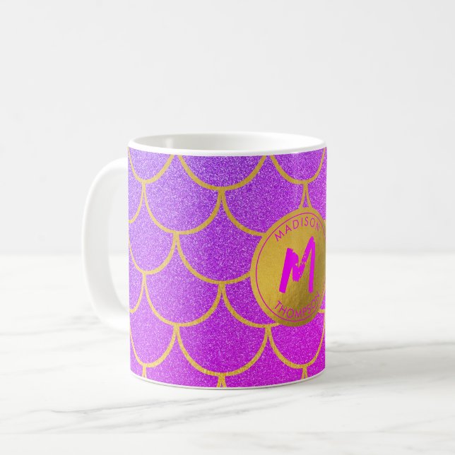 Goldene Meerjungenskala Rosa Glitzer Muster Monogr Kaffeetasse (Vorderseite Links)