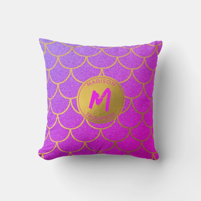 Goldene Meerjungenskala Rosa Glitzer Muster Monogr Kissen (Vorderseite)