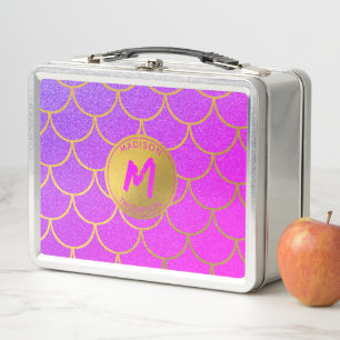 Goldene Meerjungenskala Rosa Glitzer Muster Monogr Metall Brotdose