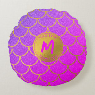 Goldene Meerjungenskala Rosa Glitzer Muster Monogr Rundes Kissen