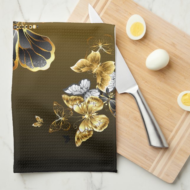 Goldene Metamorphose – Botanisches Schmetterlingsd Geschirrtuch (Viertel Falte)