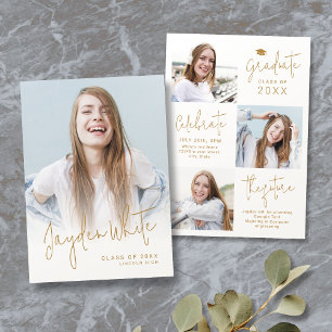 Goldene moderne Schrift 4 Foto-Abschlussankündigun Einladung