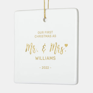 Goldene moderne Schrift Mr & Mrs Erstes Weihnachte Keramikornament