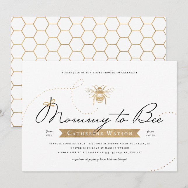 Goldene Mommy to Bee Baby Shower Einladung (Vorne/Hinten)