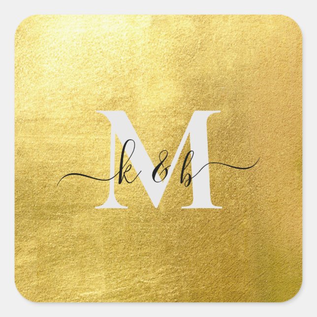 Goldene Mongram-Swash-Script-Square-Hochzeit Quadratischer Aufkleber (Vorderseite)