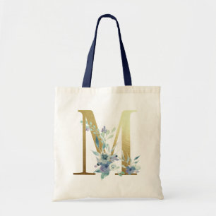 Goldene Monogramm Buchstabe M Blaue Wasserfarben B Tragetasche