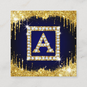 Goldene Monogramm-Initiale A mit blauem Glitter Quadratische Visitenkarte