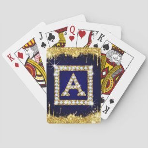 Goldene Monogramm-Initiale A mit blauem Glitter Spielkarten