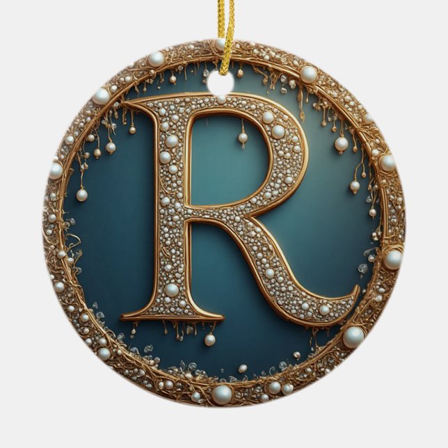 Goldene Monogramm-Initiale R Keramik Ornament (Vorne)