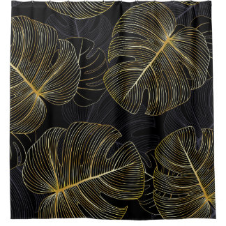 Goldene Monstera-Blätter, romantische nahtlose Blu Duschvorhang
