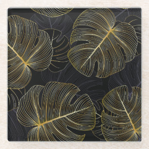 Goldene Monstera-Blätter, romantische nahtlose Blü Glasuntersetzer