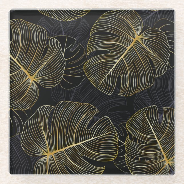 Goldene Monstera-Blätter, romantische nahtlose Blu Glasuntersetzer (Vorderseite)