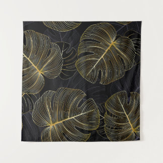 Goldene Monstera-Blätter, romantische nahtlose Blu Wandteppich