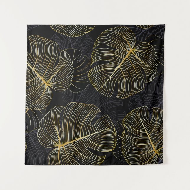 Goldene Monstera-Blätter, romantische nahtlose Blu Wandteppich (Vorderseite)