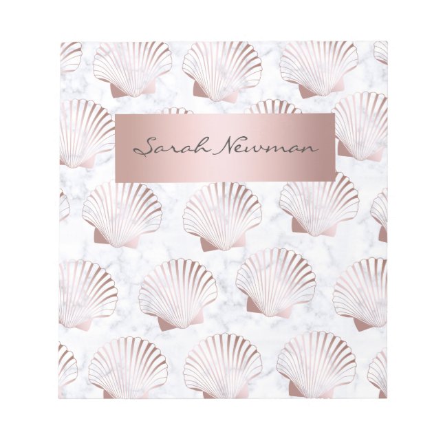 Goldene Muschelmuster der Girly Rose & weißer Marm Notizblock (Vorderseite)