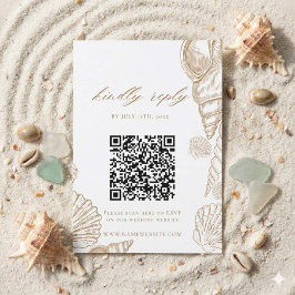 Goldene Muscheln & Weiße Küsten-QR-Code-Hochzeit  RSVP Karte