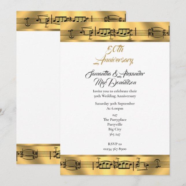 Goldene Musik 50. Hochzeitstag Einladung (Vorne/Hinten)