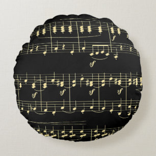 Goldene Musik auf schwarz Rundes Kissen