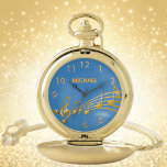 Goldene Musiknoten Taschenuhr<br><div class="desc">Einfach und elegant für Musikliebhaber oder Musiker! Ozean, blauer Hintergrund mit Imitaten goldenen Musiknoten. Vorlage für Ihren Namen, goldene Buchstaben. Goldene Uhrennummern.</div>