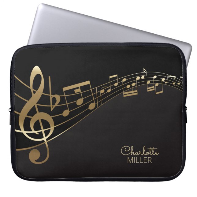 Goldene Musiknoten und Individuelle Name Laptopschutzhülle (Vorderseite)