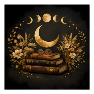 Goldene mystische Bibliothek & botanische Boho-Mon Poster